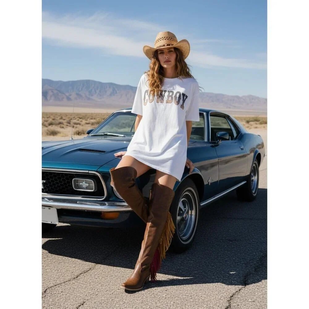 Women Brown Polyurethane Pointed Toe Fringe Adjustable Thigh High Cowgirl Boot
